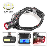 Linterna Frontal LED Láser Blanca de Largo Alcance de 30 W, Recargable Tipo C, con Zoom, Sensor de Movimiento y Luz Trasera de Advertencia Roja COB