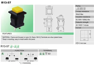 SCI kendinden kilitleme kare anahtar düğmesi anahtarı R13-57 sarı kapalı 0.5A 1A maksimum akım ile 250V ROHS sertifikalı