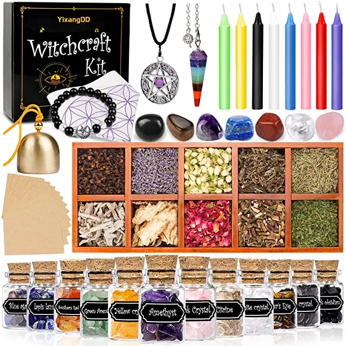 Candele magiche colorate, erbe secche, pergamene, bottiglie sigillate con Mini pietre preziose, per principianti e strega con esperienza