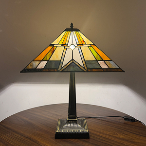 Mission Style Square Stained Glass <b>Table</b> <b>Lamp</b>, Geometric Handmade Desk <b>Lamp</b> with Zinc Alloy <b>Base</b> for Study & Office Decoration - Product Image 3