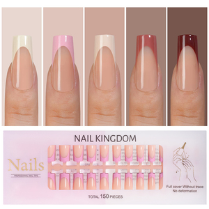 Venta al por Mayor de <span class=keywords><strong>Uñas</strong></span> Acrílicas Postizas Personalizadas 150 Piezas Cobertura Completa Cuadradas a Presión Estilo Francés Marrón con Diseño de Ataúd para Dedos - Product Image 1