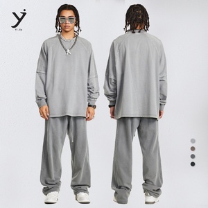 Vente en gros Logo personnalisé Hommes Coton Sweat-shirt Pantalon Ensemble Oversize Manches Longues Casual Sportswear Vintage Streetwear - Product Image 1