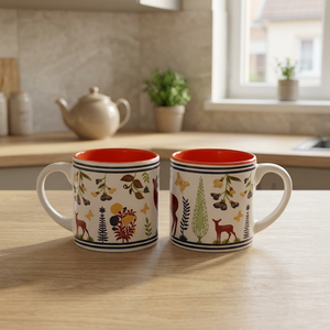 Classic Ceramic Coffee Mugs Floral Deer Pattern Red Interior Durable <b>Tea</b> Drinking <b>Set</b> - Product Image 2