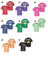 Maillot de baseball personnalisé avec broderie motif dynamique d'action de bowling sur tissu à rayures multicolores, OEM POD, nom et numéro d'équipe personnalisés