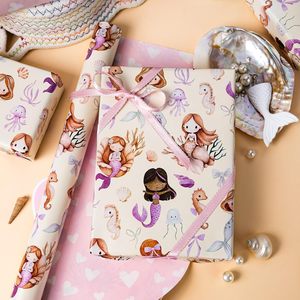 baby shower Gift wrapping <b>paper</b> Colorful cartoon <b>pattern</b> of mermaids in an underwater world Double sided printing Customizable - Product Image 1