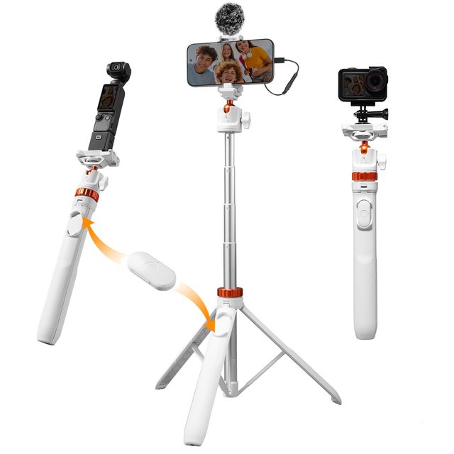 K&F CONCEPT MS08 62'' Selfie Stick Tripod, 2-in-1 Extendable White Phone Tripod Stand for Recording, 360°Ball Head Camera Tripod