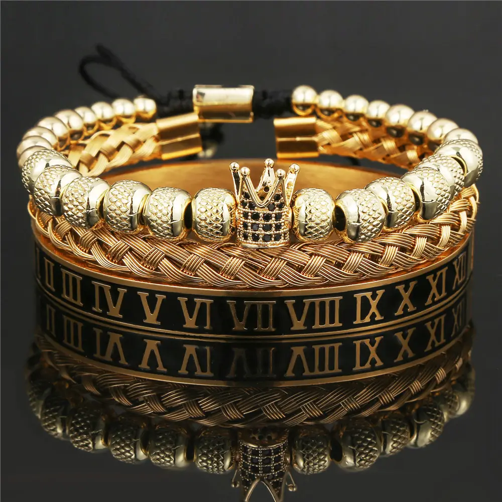 Juego de 3 pulseras chapadas en oro de 18k con letra romana, brazalete de acero inoxidable con corona para parejas, 3 unidades