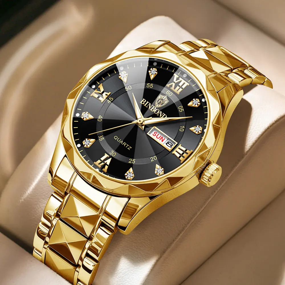 BINBOND jam tangan bercahaya pria, arloji merek mewah baja emas tahan air tampilan tanggal pekan Quartz dengan kaca berlapis