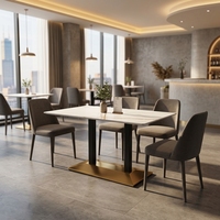 Vente directe d'usine, table à manger moderne aspect marbre, base en acier inoxydable, table de café ou de restaurant en bois grainé pour 3 à 4 personnes