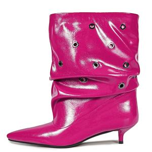 Piled Pleated <b>Ankle</b> Boots Low Heels Dress Stiletto Women Metal Circle Shoes Baggy Styles on Short <b>Booties</b> - Product Image 4