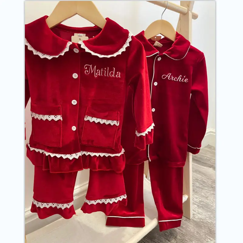مجموعة ملابس نوم مطرزة بساق مستقيمة من المخمل الأحمر للأطفال ، مجموعة تطريز فاخرة من المخمل الأحمر ، بيجامات عيد الميلاد