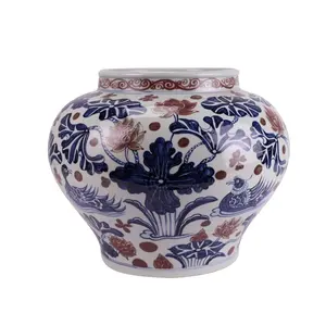 RZKR64 Blue and white Porcelain Antique underglazed red lotus mandarin duck playing with water Ceramic Flower Pot