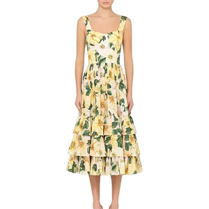 Vestido largo fruncido con estampado de flores para mujer personalizado, informal, cuello cuadrado, vacaciones, playa, Midi, vestidos florales de verano para mujer - Product Image 1