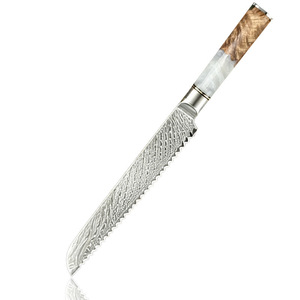 Couteau à pain dentelé de qualité supérieure, motif Damas, manche en bois et résine, acier inoxydable tranchant, pour trancher le pain, les toasts et les gâteaux - Product Image 1