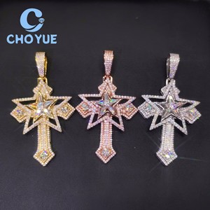 Factory Costom 925 Sterling <b>Silver</b> Luxury Star Cross Moissanite Men Pendant Hip Hop <b>Charm</b> for Men Pass Diamond Tester GRA - Product Image 2