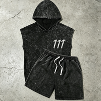 Ensemble deux pièces décontracté pour homme : Haut à capuche sans manches brodé 100 % coton et short, style streetwear tendance avec rivets
