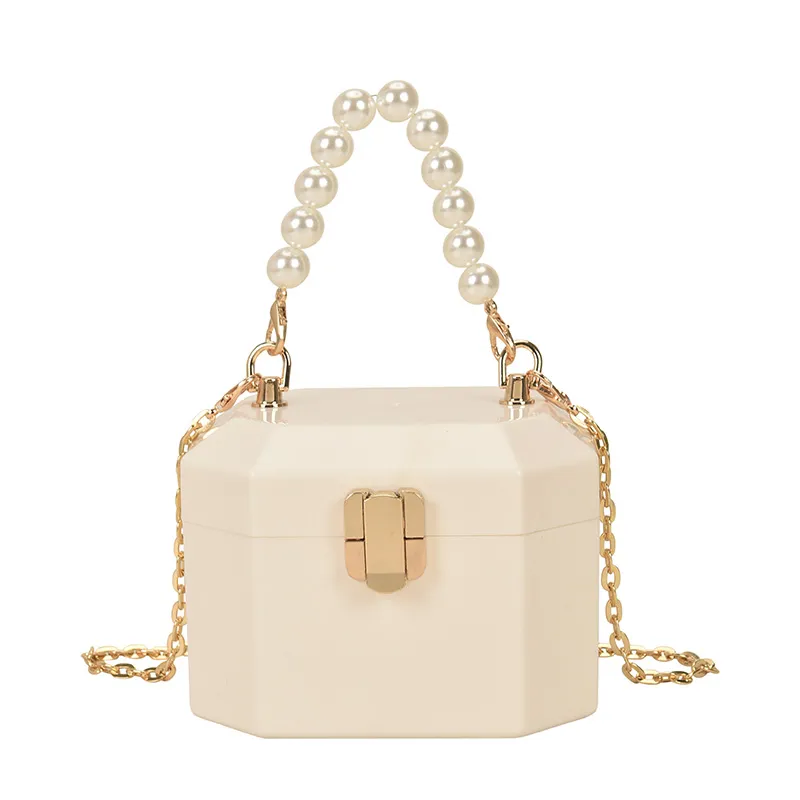 Acryl Box Handtaschen für elegante Frauen Perle Perlen Dekor Schloss Kette Umhängetasche Luxus Designer Geldbörsen Transparente Make-up-Tasche
