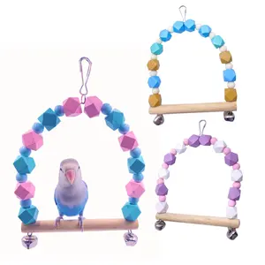 天然鸟笼玩具新款木制鹦鹉立式秋千玩具，带彩色珠子