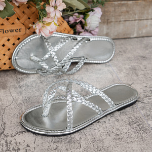 Factory Wholesale Women's Set Toe Flat Slippers Summer Woven Solid Color Fashion Comfortable Women - Product Image 4