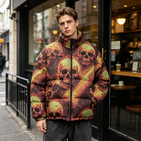 Blouson matelassé pour homme à imprimé crâne intégral, col montant, fermeture éclair, coupe oversize, résistant au vent, chaud, streetwear, hiver, manteau graphique personnalisé