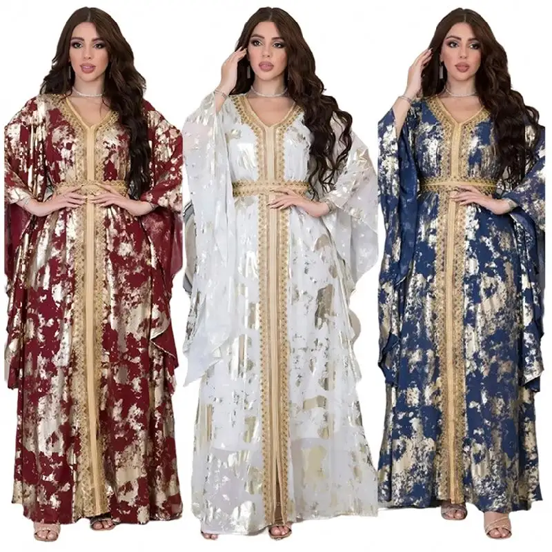 AB286 नवीनतम डिजाइन मध्य पूर्व मुस्लिम पारंपरिक कपड़े सांस लेने योग्य गिल्डिंग अबाया महिला मुस्लिम पोशाक बेल्ट के साथ शिफॉन पोशाक