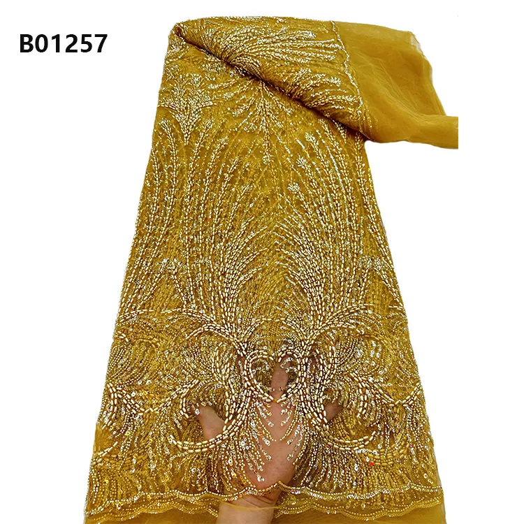 CHOCOO High Quality Gold Bridal Beads Lace Fabric Embroidery Crystal Sequins Heavy Beaded Lace Fabric