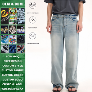 Jeans de Pierna Recta de Alta Calidad con Logotipo Personalizado, Estilo Básico CleanFit, Lavados y Desgastados, en Mezclilla Cruda Azul Claro, Unisex - Product Image 2