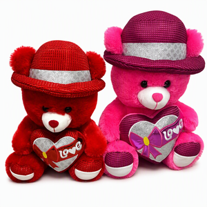Set de Osos de Peluche Suaves Personalizados al por Mayor con Gorro a Cuadros y Decoración de Corazón LOVE, Osos Lindos Rojos y Fucsia para <span class=keywords><strong>el</strong></span> Día de San Valentín - Product Image 1