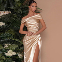 RedPeony 2025 Robe Maxi Femme en Satin Épaule Dénudée Sexy, Fendue Haute sur le Côté, Taille Froncée, Volants, pour Bal, Soirée Formelle et Fête
