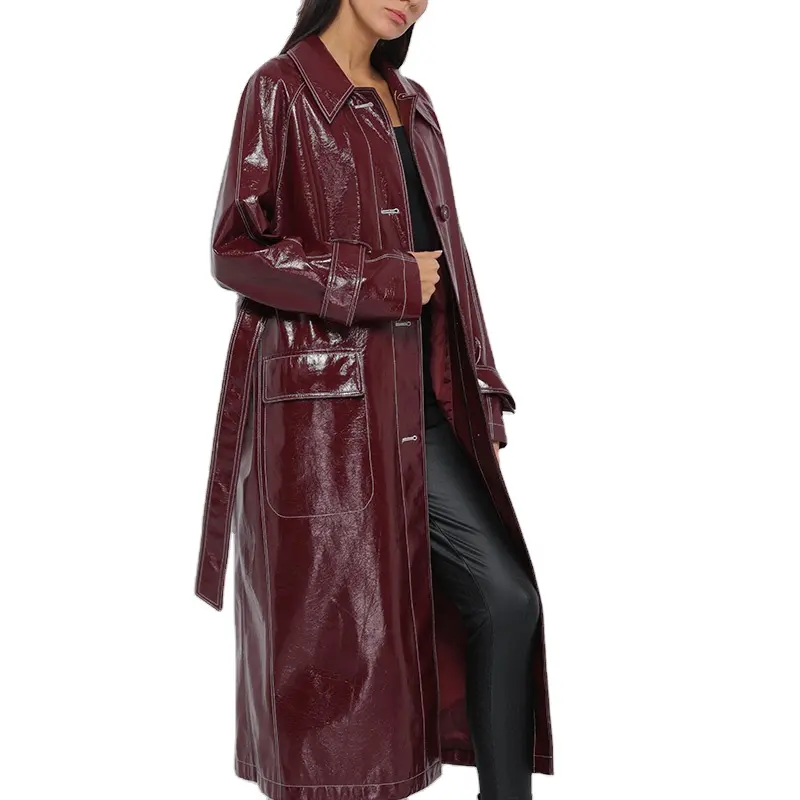 Wine red Trench Women's Slim Motorcycle Pu Leather Coat long slim with belt women's leather trench coats