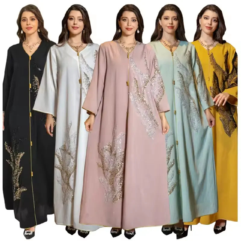 Midden-Oosten Arab Abaya Dubai Moslim Vrouwen Jurk Lange Mouw Gesplitste Lovertjes Geborduurde Losse Luxe Abaya