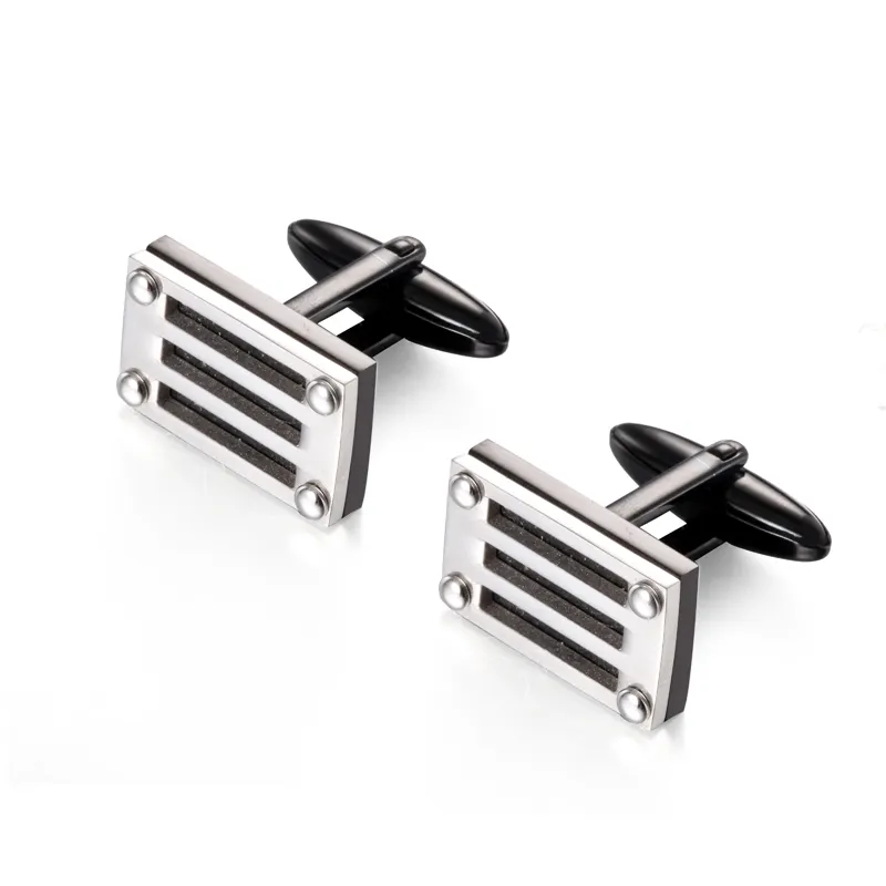Custom Silver Rectangular Hollow Grille Plate Screwed Black Classic Buttons for Business Shirt Jewelry Cufflinks Accessories