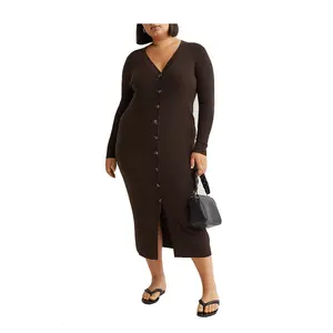 New trending women plus size ribbing v neck front buttons chocolate color long cardigan dress