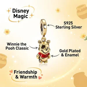 Ciondolo Disney in Argento S925 Placcato Oro con Zirconi Certificato NGDTC, Charm Cartoon di Winnie the <span class=keywords><strong>Pooh</strong></span> per Bracciali e Collane - Product Image 2