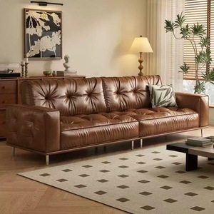 Sofá de Cuero Encerado al Óleo de Diseño Vintage, Color Chocolate, Acolchado, de Una Línea, Mueble para Sala de Estar para Apartamentos Pequeños - Product Image 3