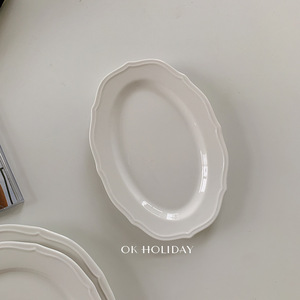 Ensemble d'assiettes ovales en céramique blanche, style français, bord flottant, pour desserts, petit-déjeuner, utilisation en fête - Product Image 2