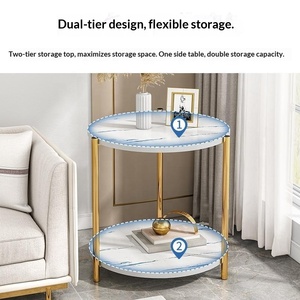 <span class=keywords><strong>Tavolino</strong></span> Laterale Rotondo di Lusso a Doppio Strato, <span class=keywords><strong>Tavolino</strong></span> da Caffè con Vano Portaoggetti per <span class=keywords><strong>Divano</strong></span> in Soggiorno, Struttura in Metallo Dorato con Finto Marmo - Product Image 6