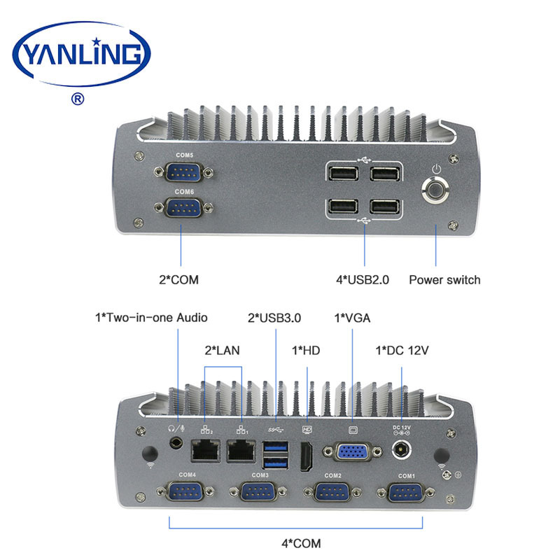 Barato mini pc industrial integrado computadora i5 6200U con 6 puerto serie y 6 USB 2Lan