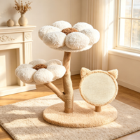 Pohon Kucing BloomWinter 72.5cm Warna Krem Bermotif Bunga dengan Tempat Tidur Ganda Berbentuk Bunga, Papan Garukan Sisal Berbentuk Telinga Kucing & Batang Kayu Melengkung