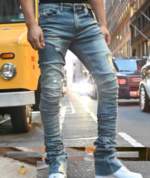 Casual Blue Fabric Skinny jeans for street wear men Slim Fit stacked distressed Hip Hop denim jeans For Male