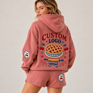 Conjunto de Sudadera con Capucha y Pantalones Cortos Oversize para <span class=keywords><strong>Mujer</strong></span> con Estampado Digital, Bordado Vintage, Logotipo Personalizado, Estilo Casual Americano, Chándal de Dos Piezas - Product Image 3