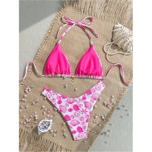 FOXA Women's 2 Piece <b>Bikini</b> Set Seashell Print Halter <b>String</b> Triangle Thong Swimwear Beach Outfit Stretch Spandex Polyester - Product Image 2