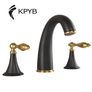 Misturador de bacia de bronze elegante, clássico, quente e frio, três buracos, alças duplas, acabado, preto, fosco