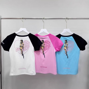 <span class=keywords><strong>T</strong></span>-<span class=keywords><strong>shirt</strong></span> Crop Slim con Stampa Cuore Spinato Stile Americano Retrò, Maniche Raglan Bicolore, Top da Donna Y2K Hot Girl Style - Product Image 6