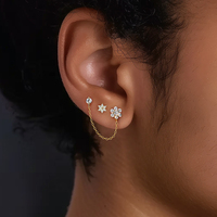 Trendi 925 perak murni perhiasan lucu bunga CZ rantai kancing rumbai menjuntai Drop Hoop anting set untuk wanita