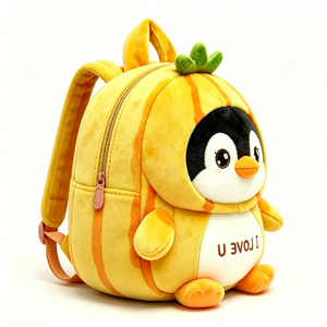 Pumpkin Penguin Plush <b>Backpack</b>, Cute Yellow <b>Kids</b> <b>Backpack</b> with "I LOVE U" Embroidery, Fluffy Toddler Penguin Costume Bag - Product Image 3