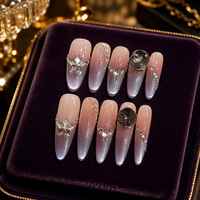Ongles à presser en acrylique de luxe faits main Baolun, avec colle, motif œil de chat magnétique dégradé violet mystique, grandes pierres précieuses et breloques étoiles argentées