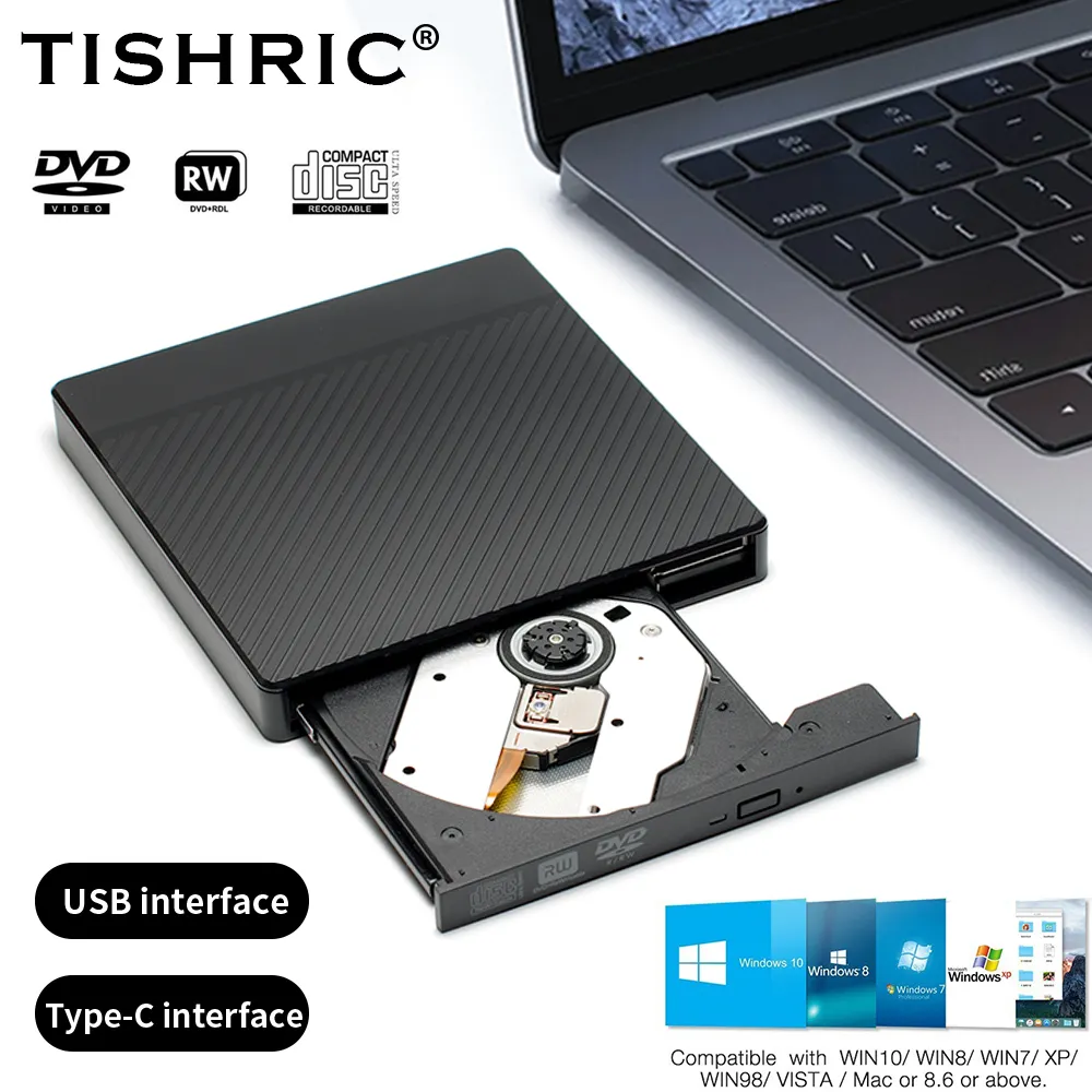 قارئ أقراص CD خارجي TISHRIC من النوع C مع USB3.0 قارئ قرص سجل ROM محرك أقراص ضوئية للكمبيوتر الشخصي والكمبيوتر المحمول