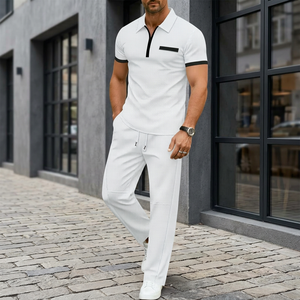 Ensemble polo et pantalon décontracté sport gris pour homme, manches courtes, été, respirant, tricoté en polyester/coton, personnalisable, deux pièces - Product Image 2