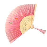 Éventail pliant portable en bambou, doublure en soie imprimée, motif floral et papillon, accessoire de danse Hanfu Cheongsam, rose musical